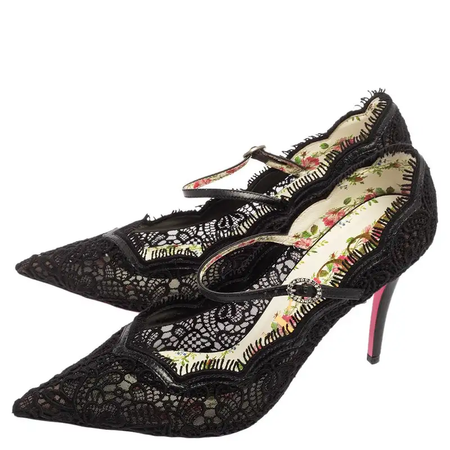 Gucci Black Lace and Leather Virginia Mary Jane Pumps