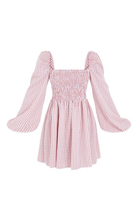 Petite Pink Shirred Detail Gingham Smock Dress | PrettyLittleThing