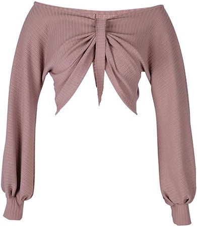 Women Sexy Off Shoulder Long Sleeve Crop Top Tie Up Front Blouse Shirt Size M (Khaki) at Amazon Women’s Clothing store