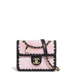 Chanel Mini Flap Bag, tweed, braided calfskin & gold-tone metal, pink & black - CHANEL