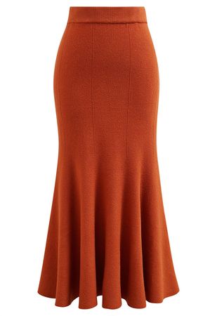 Frilling Hem Knit Midi Skirt in Pumpkin - Retro, Indie and Unique Fashion