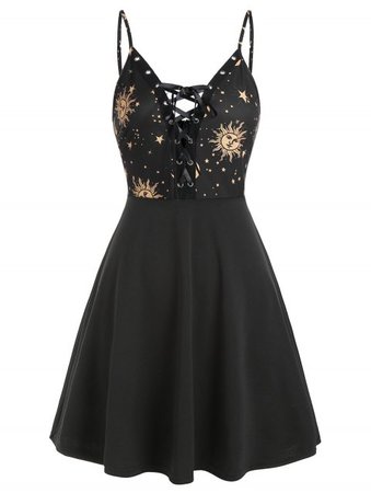 Dresslily Black Spaghetti Strap Sun and Moon A Line Mini Dress