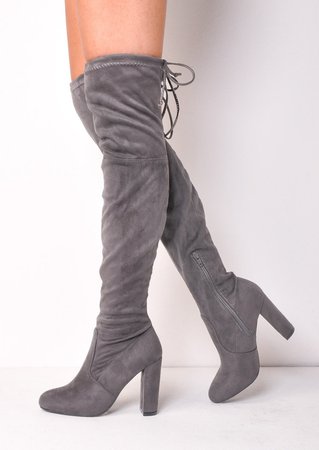 thigh high tie back faux suede knee high heeled boots light grey