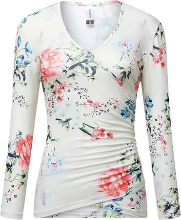 Beauhuty Women's Tops Print Deep V Neck Ruched T-Shirts Front Surplice Wrap Long Sleeve Fitted Tees (XXL, Long-Floral White) at Amazon Women’s Clothing store