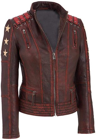 Womens Vintage Biker Cafe Racer Punk Star Motorcycle Distressed Leather Jacket : Clothing, Shoes & Jewelry