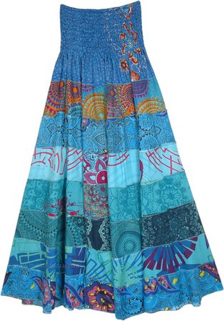 Blue Heaven Heavy Rayon Skirt Dress with Smocked Waist | Blue | Tiered-Skirt, Vacation, Beach, Floral, Printed