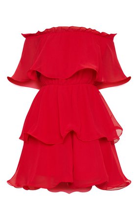 Red Chiffon Bardot Ruffle Tiered Dress | PrettyLittleThing