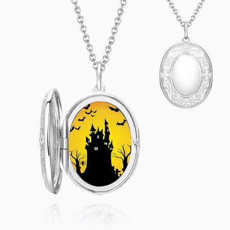 Halloween Castle Embossed Oval Locket Necklace Platinum Plated