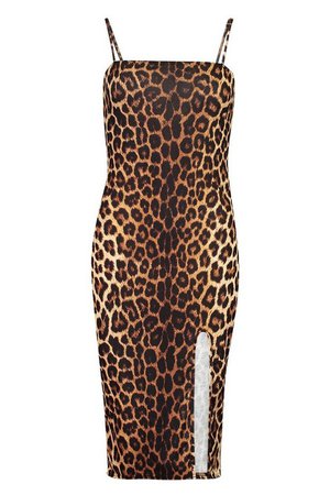 Strappy Leopard Print Split Front Midi Dress | Boohoo brown