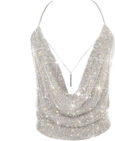 Sexy Sparkly Tops for Women, Deep V Neck Crop Tank Tops Backless Rhinstone Cami Medium at Amazon Women’s Clothing store