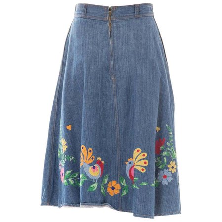 1970S Blue Cotton Denim Folk Floral Embroidered A-Line Jean Skirt From Europe For Sale at 1stDibs