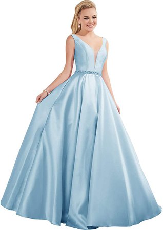 Amazon.com: MYDRESS Deep V-Neck Prom Dresses Long Satin Beaded A-line Formal Evening Gowns with Pockets Sky Blue 8: Clothing
