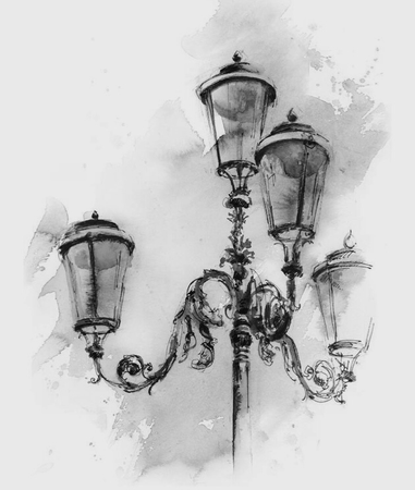 lamp street light black and white water color
