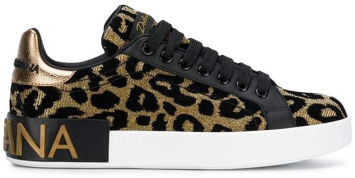 metallic gold, black and white leopard leather sneakers