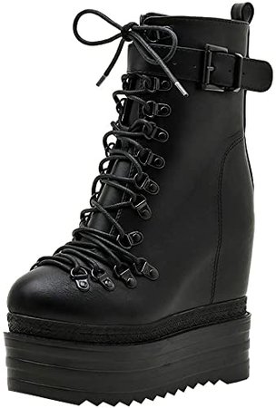 Amazon.com | Parisuit Womens Wedge Lace Up Ankle Boots Platform High Heel Goth Combat Boots Punk Buckle Booties-Black Size 4 | Ankle & Bootie
