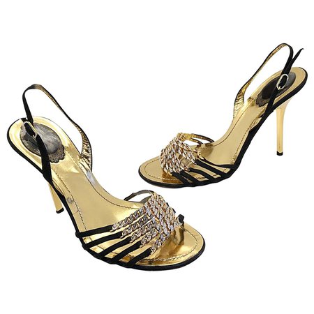 Rene Caovilla Size 38.5 / 8.5 Black + Gold Rhinestone Strappy High Heels Shoes For Sale at 1stDibs | gold rhinestone heels, gold rhinestone shoes, black and gold rhinestone heels