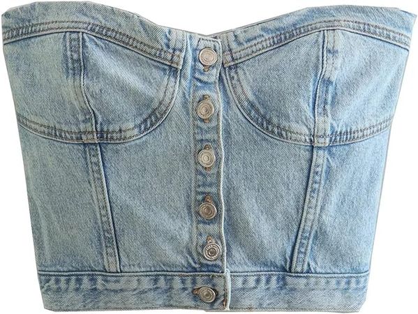 Sunloudy Women Denim Push Up Bustier Tube Top Strapless Button Up Corset Off Shoulder Crop Top Streetwear(#A Blue a,M) at Amazon Women’s Clothing store