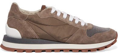 Bead-embellished Nylon, Suede And Leather Sneakers - Taupe