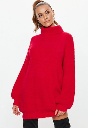 Premium Red Fluffy Roll Neck Sweater Dress | Missguided