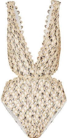 Cutout Metallic Crochet-knit Swimsuit - Gold
