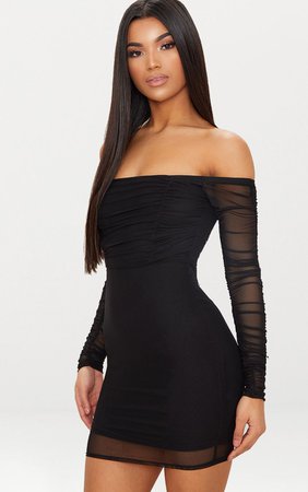Black Ruched Mesh Bardot Bodycon Dress | PrettyLittleThing