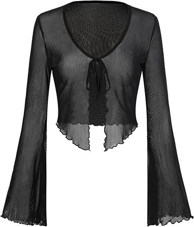 Verdusa Women's Sheer Shrug Crop Top Long Sleeve Tie Front Lettuce Trim Mesh Open Cardigan Top Black S at Amazon Women’s Clothing store