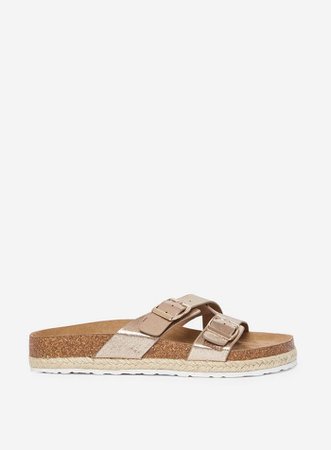Wide Fit Gold ‘Foxy’ Buckle Flat Sandals | Dorothy Perkins