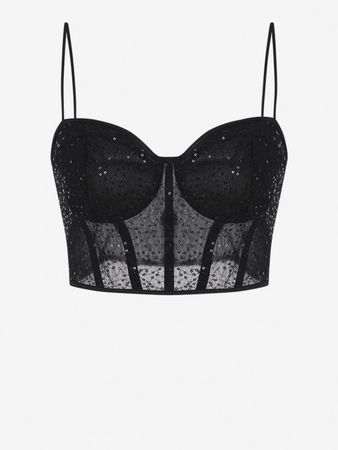 Lace Sequined Crop Corset Camisole In BLACK | ZAFUL 2023