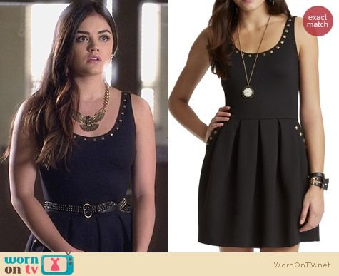 WornOnTV: Aria’s black studded dress and eagle necklace on Pretty Little Liars | Lucy Hale | Clothes and Wardrobe from TV