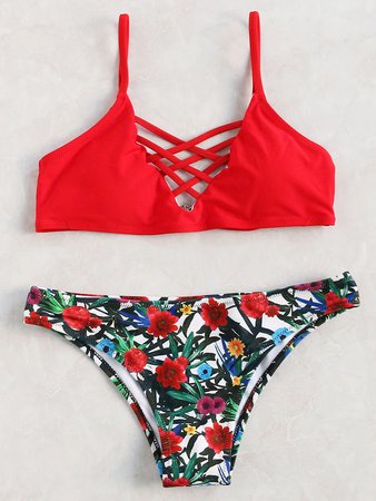 Floral Print Crisscross Bikini Set