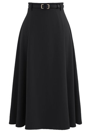 High Waist Belted Flare Midi Skirt in Black - Retro, Indie and Unique Fashion