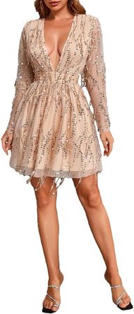 Women's Glamorous Sequin V-Neck Long Sleeve A-Line Mini Dress Wedding Party Formal Prom Dresses at Amazon Women’s Clothing store