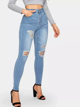 Distressed High-Rise Skinny Jeans | ROMWE USA