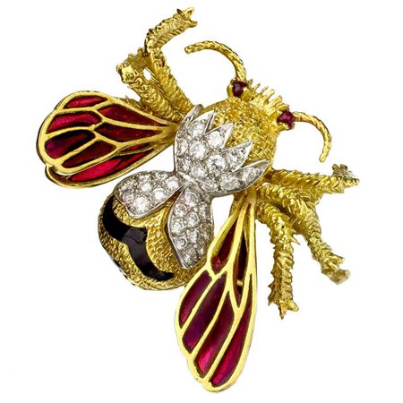 Tiffany and Co. Handcrafted Diamond Ruby Enamel Gold Bee Brooch For Sale at 1stDibs