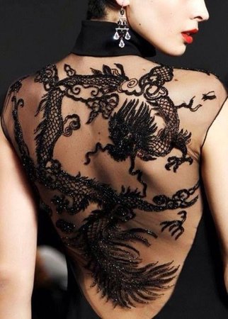 dress, black, black evening dress, dragon, see through dress, evening dress, fashion, party dress, lace, t-shirt, see through, backless dress, sleeveless, jewelry, jewels, earrings, scoop back, embroidered, maxi dress, maxi, party - Wheretoget