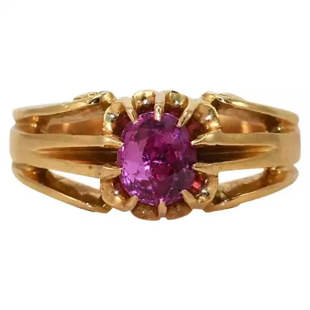 18K Yellow Gold Synthetic Pink Sapphire Vintage Ring, 6.9gr For Sale at 1stDibs | avon vintage ring, synthetic pink sapphire ring