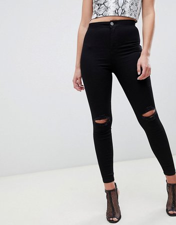 ASOS DESIGN Rivington high waisted jeggings with frayed knee rip detail in clean black | ASOS