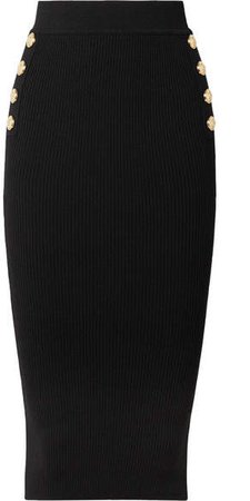 Button-embellished Ribbed Wool-blend Midi Skirt - Black