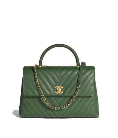 Chanel, Grained Calfskin, Lizard & Gold-Tone Metal Dark Green Large Flap Bag with Top Handle