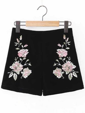 Flower Embroidered Zipper Side Velvet Shorts -SheIn(Sheinside)