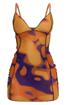 Orange Tie Dye Sheer Mesh Overlock Stitch Strappy Bodycon Dress | PrettyLittleThing USA
