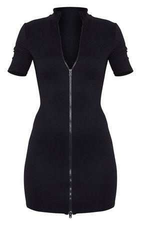 Black Zip Front Rib Short Sleeve Bodycon Dress | PrettyLittleThing