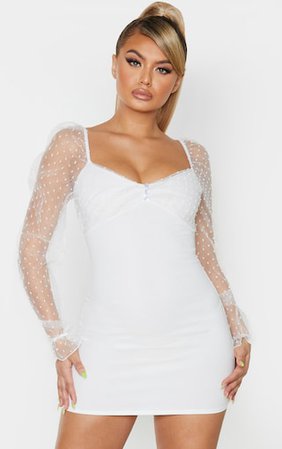 White Dobby Mesh Puff Sleeve Bodycon Dress | PrettyLittleThing