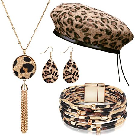 Amazon.com: Hicarer 4 Pieces Women Leopard Jewelry Set French Beret Hat Leopard Leather Bracelet Earring Necklace: Jewelry