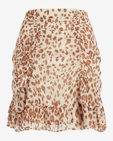High Waisted Metallic Leopard Ruched Ruffle Mini Skirt | Express