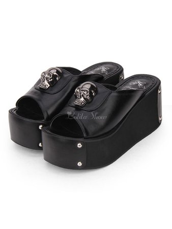 *clipped by @luci-her* Gothic Lolita Sandal Metallic Skull Rivet Platform Black Lolita High Heel Slipper - Lolitashow.com