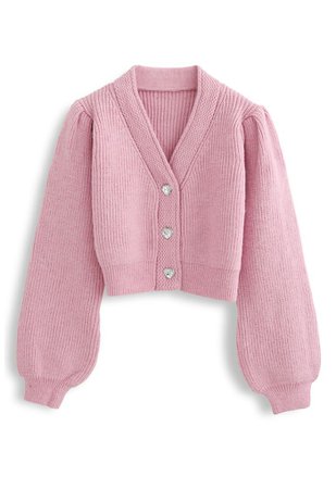 Crystal Button Puff Sleeves Crop Cardigan in Pink - Retro, Indie and Unique Fashion