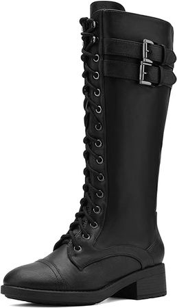Amazon.com | DREAM PAIRS Women's Georgia Fashion Black Faux Leather Pu Cute Knee High Riding Combat Boots - 9 M US | Knee-High