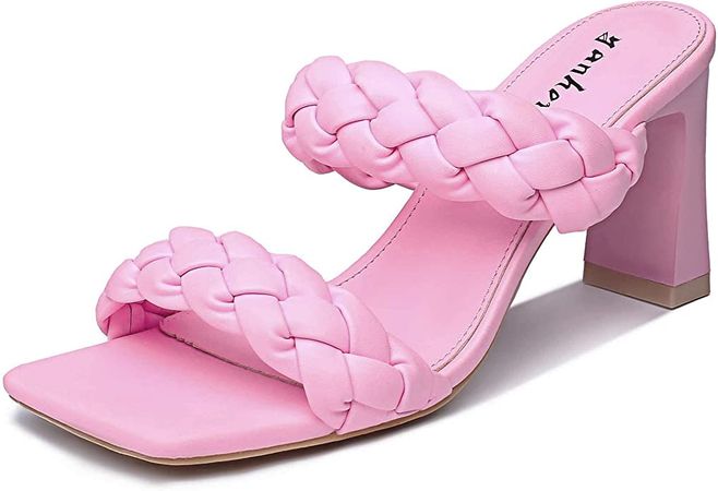 Amazon.com | Women's Braided Heeled Sandals Fashion Square Toe Heels Block Chunky Heel Mules Slip On Dress Sexy Backless Summer High Heels Slipper | Shoes