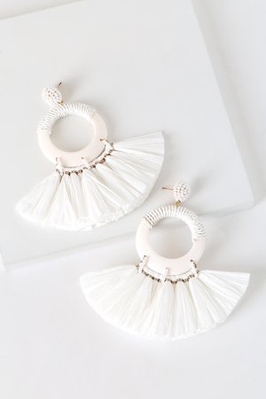 Cute White Earrings - Beaded Fringe Earrings - Statement Earrings